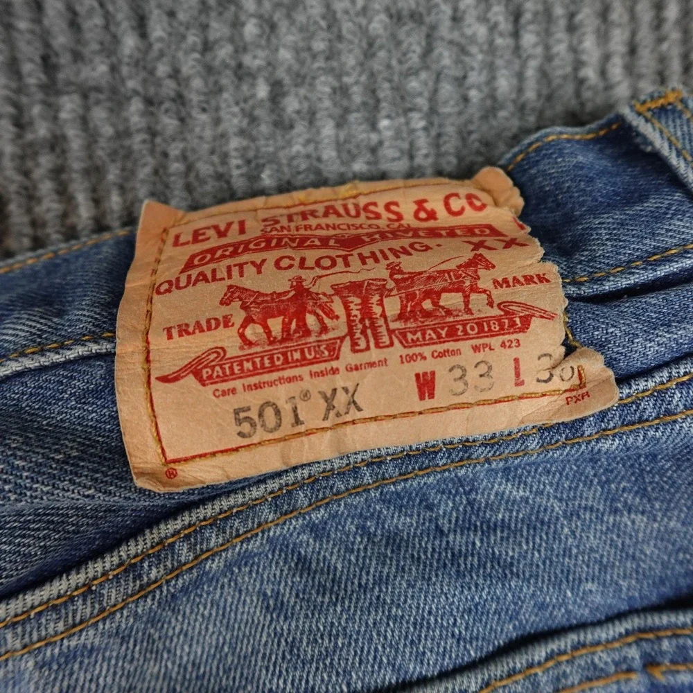 Levis 501XX Jeans Mens 33x36 Blue Distressed Denim Straight 501-0193